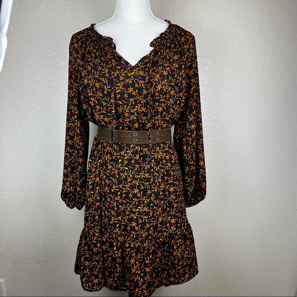 Old Navy Swing  Dress Med BLACK Floral   Slit neck w tie